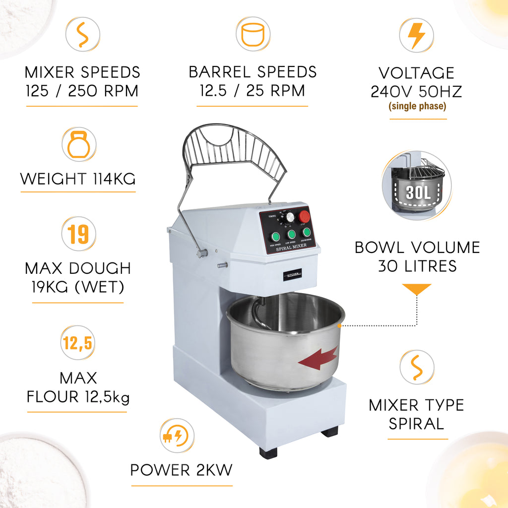 Spiral Dough Mixer 30 Litre – 2 Speed – Aus Kitchen Pro